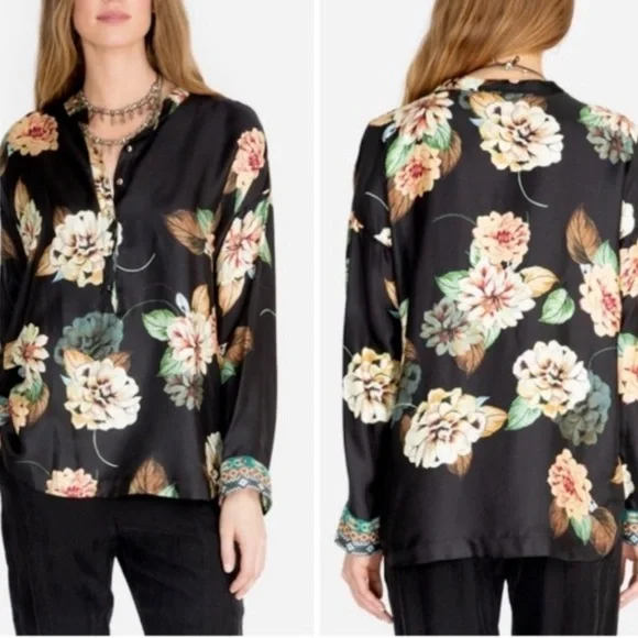 JOHNNY WAS Corey 100% SILK Boxy Blouse Mandarin Collar Embroidered Cuff Size XL - Picture 2 of 9